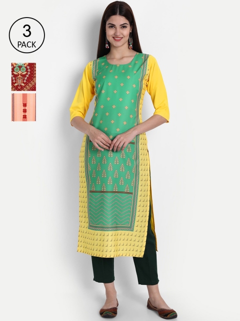 1 Stop Fashion Women Pack of 3 Printed Kurtas, Green