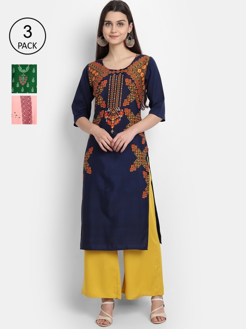 1 Stop Fashion Women Pack of 3 Multicoloured Printed Crepe Straight Kurta, Multi