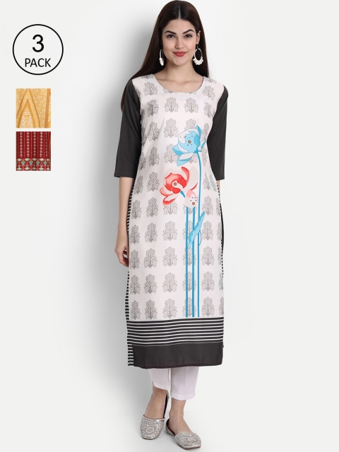 1 Stop Fashion Women White, Red & Yellow Pack Of 3 Printed Kurta