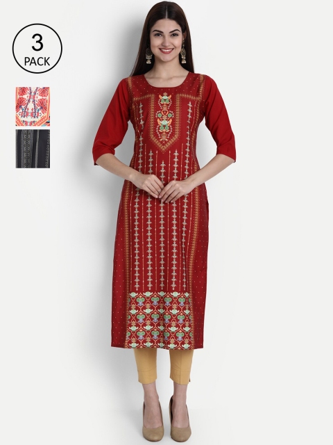 1 Stop Fashion Women Pack Of 3 Ethnic Motifs Printed Kurta, Red