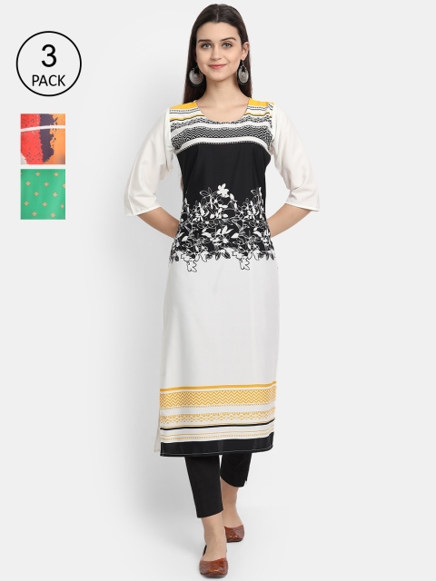 1 Stop Fashion Women Pack of 3 Multicoloured Printed Crepe Straight Kurta, Multi