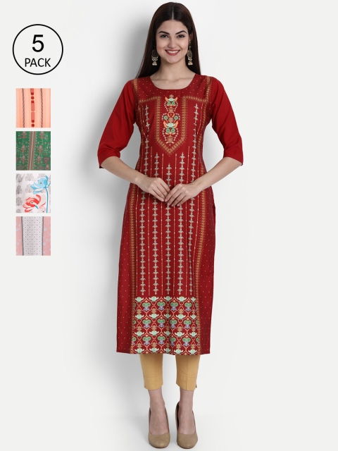 1 Stop Fashion Women Pack of 5 Digital Print Straight Kurtas, Multi