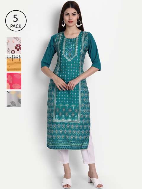 1 Stop Fashion Women Pack of 5 Digital Print Straight Kurtas, Multi