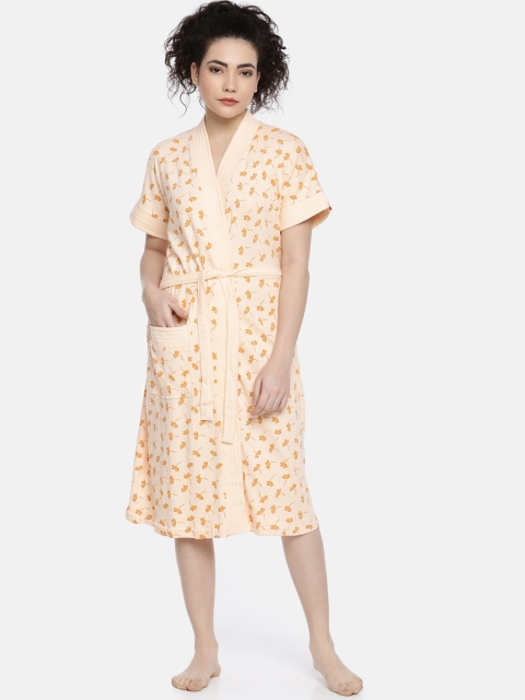 GOLDSTROMS Women Peach-Coloured & Orange Printed Bath Robe