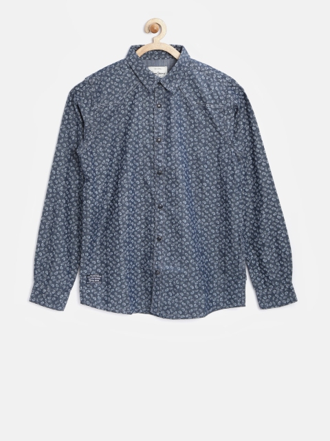 Pepe Jeans Boys Navy Blue Chambray Printed Shirt