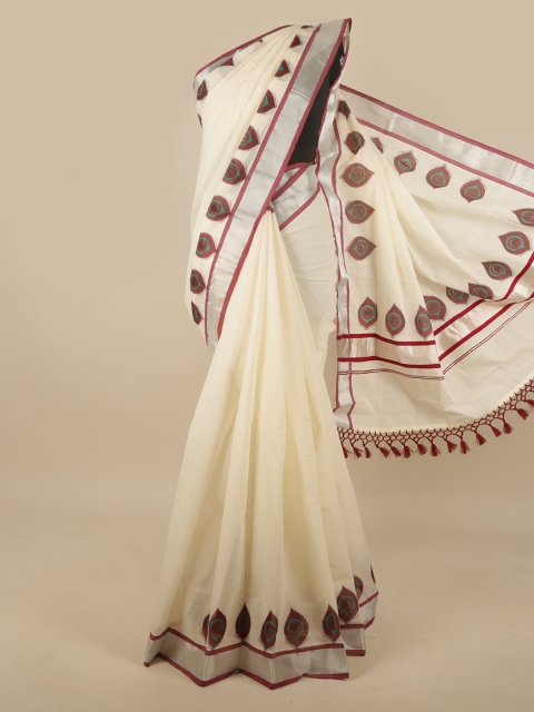 Pothys Off White & Maroon Ethnic Motifs Zari Saree