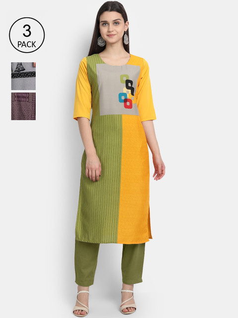 7Threads Women Green, Grey & Burgundy Ethnic Motifs Printed Set of 3 Crepe Kurta 
7Threads Women Green, Grey & Burgundy Ethnic Motifs Printed Set of 3 Crepe Kurta