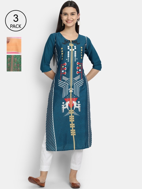 7Threads Women Pack Of 3 Digital Print Straight Crepe Kurta, Multi