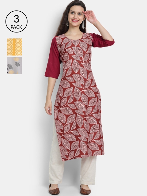 7Threads Women Pack Of 3 Digital Print Straight Crepe Kurta, Multi