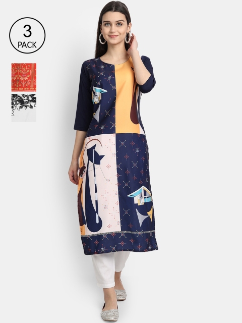 7Threads Women Pack Of 3 Kurtas, Blue