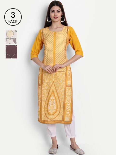 7Threads Women Pack Of 3 Kurtas, Yellow