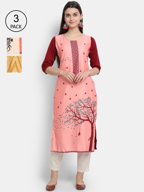 7Threads Women Pack Of 3 Kurtas, Pink