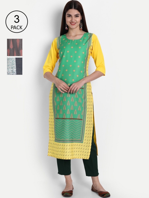 7Threads Women Multicoloured Ethnic Motifs Printed Crepe Kurta Set Of 3, Multi