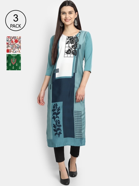 7Threads Women Pack Of 3 Digital Print Straight Crepe Kurta, Multi