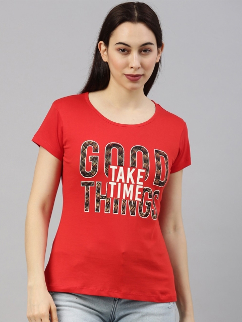 GOLDSTROMS Women Red & Black Typography Printed T-shirt