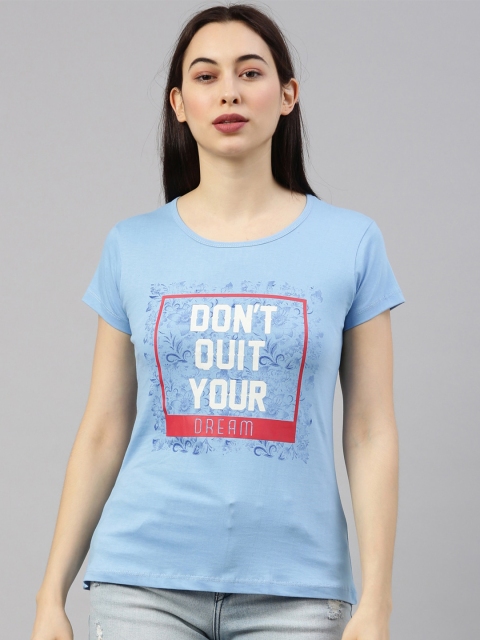 GOLDSTROMS Women Blue Typography Printed Cotton T-shirt