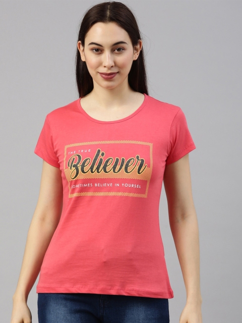 GOLDSTROMS Women Coral Typography Printed T-shirt