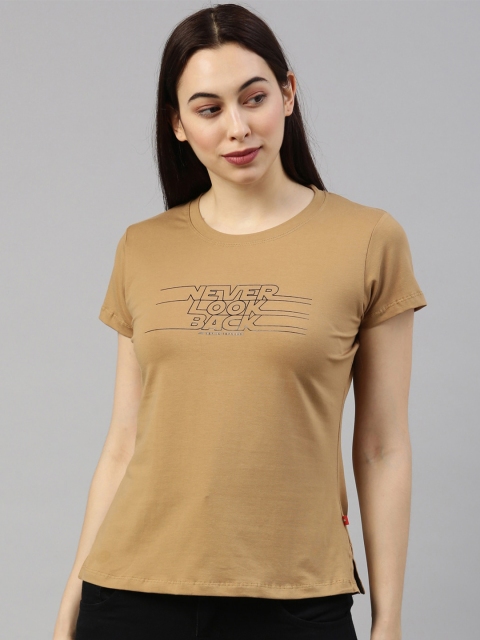 GOLDSTROMS Women Khaki Typography Printed T-shirt