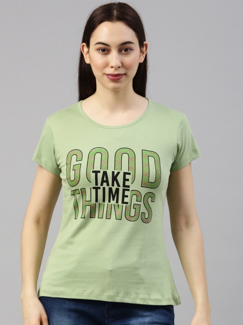 GOLDSTROMS Women Green Typography Printed T-shirt