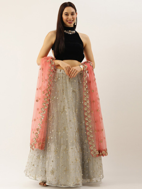 panchhi Grey & Peach-Coloured Embroidered Sequinned Ready to Wear Lehenga & Blouse With Dupatta
panchhi Grey & Peach-Coloured Embroidered Sequinned Ready to Wear Lehenga & Blouse With Dupatta