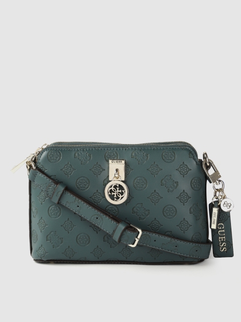 GUESS Teal Green Brand Logo Textured Structured Sling Bag