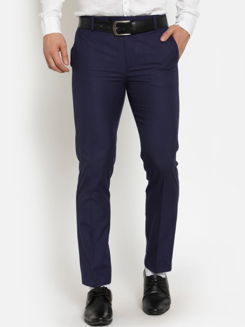 American-Elm Men Navy Blue Smart Slim Fit Trousers