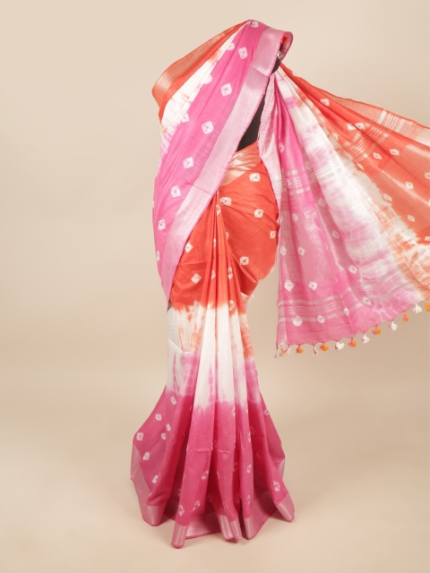 Pothys Orange & White Bandhani Zari Linen Blend Saree