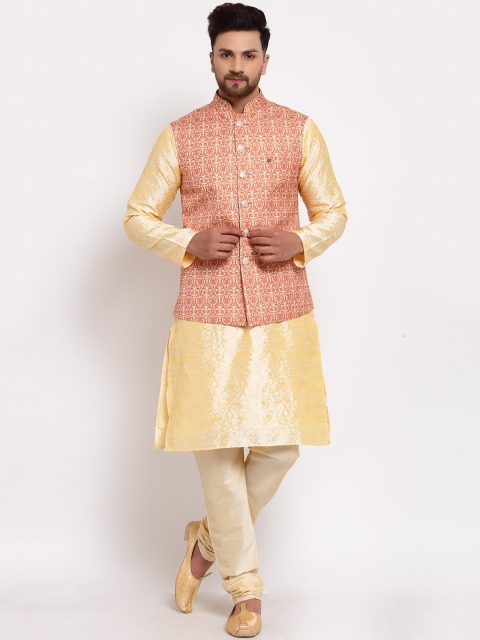 MOHANLAL SONS Men Gold-Toned & Peach Layered Dupion Silk Kurta With Pyjamas & Nehru Jacket
MOHANLAL SONS Men Gold-Toned & Peach Layered Dupion Silk Kurta With Pyjamas & Nehru Jacket