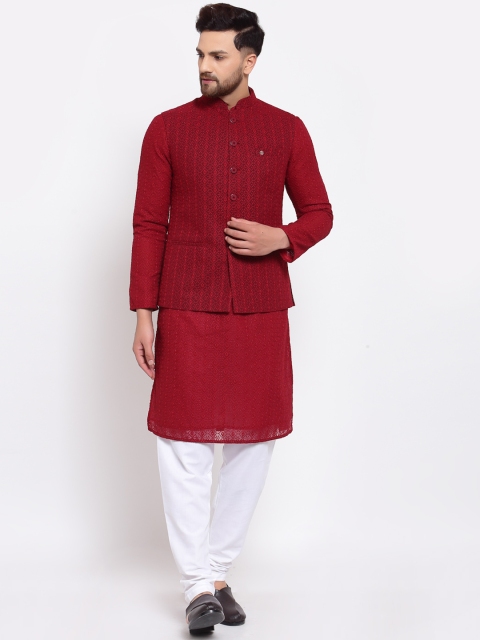 MOHANLAL SONS Men Maroon Chikankari Silk Georgette Kurta & Churidar With Nehru Jacket
MOHANLAL SONS Men Maroon Chikankari Silk Georgette Kurta & Churidar With Nehru Jacket