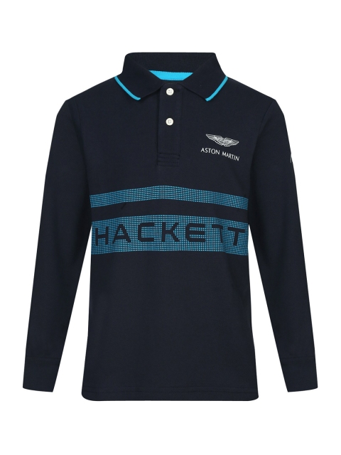 HACKETT LONDON Boys Navy Blue Typography Printed Polo Collar Slim Fit T-shirt