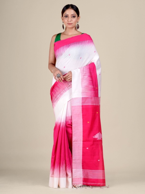 Mitera White & Pink Woven Design Saree