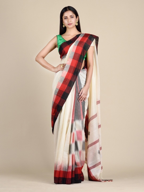 Mitera Off-White & Black Pure Cotton Saree