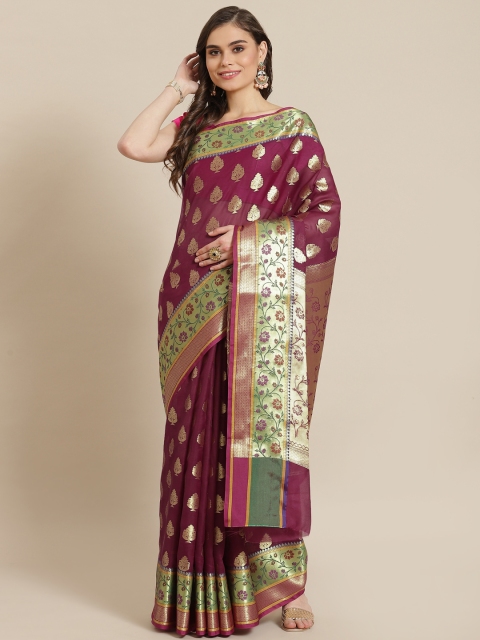 Banarasi Style Women Burgundy & Golden Silk Blend Woven Design Zari Banarasi Saree