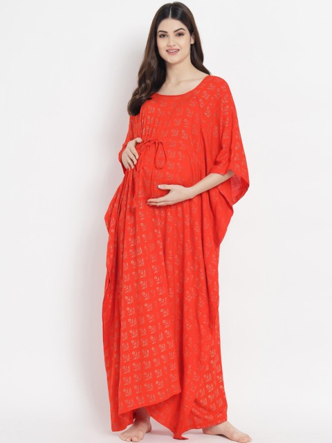 Aujjessa Orange Floral Printed Maternity Kaftan Maxi Dress