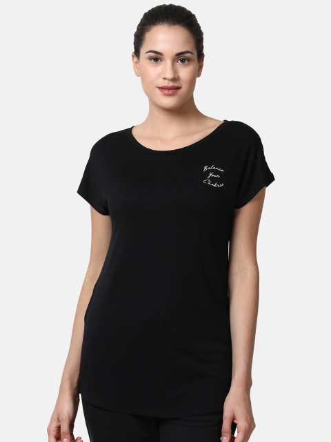 Enamor Women Black Extended Sleeves Solid T-shirt