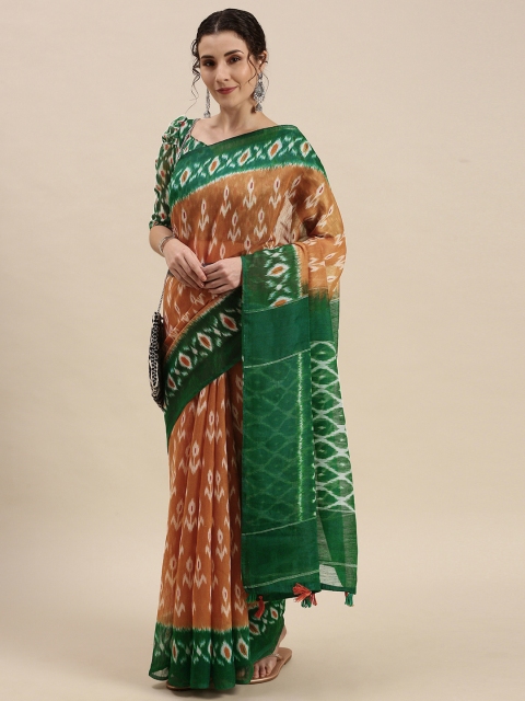 KALINI Brown & Green Ethnic Motifs Print Saree
