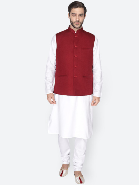 NAMASKAR Men White & Maroon Layered Pure Cotton Kurta with Pyjamas & Nehru Jacket
NAMASKAR Men White & Maroon Layered Pure Cotton Kurta with Pyjamas & Nehru Jacket