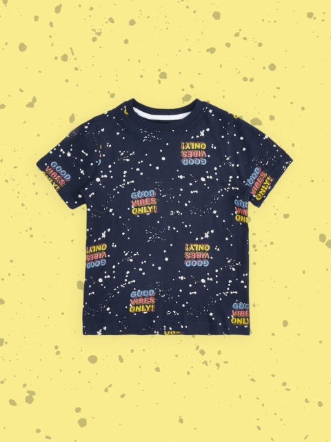 Pantaloons Junior Boys Navy Blue & Yellow Typography Printed Pure Cotton T-shirt