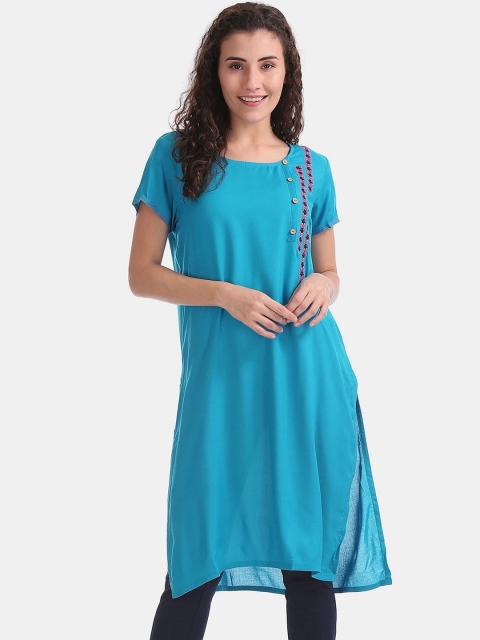 Karigari Women Blue Round Neck Solid Kurta
