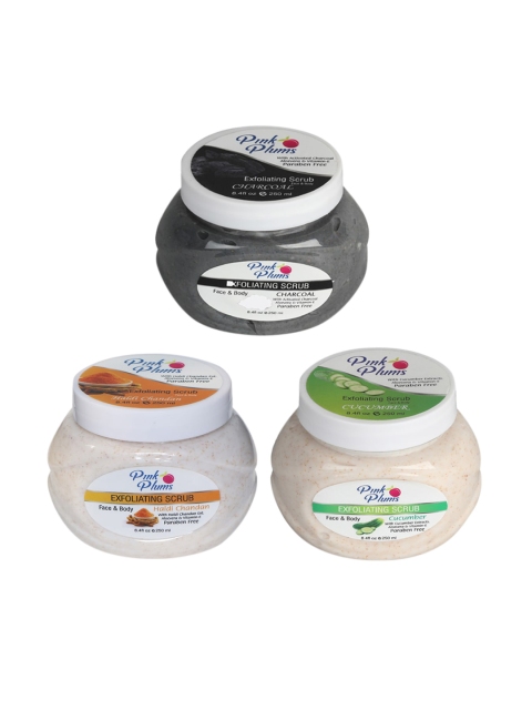 Pink Plums Set of 3 Charcoal Cucumber Haldi Chandan Face & Body Exfoliating Scrubs, Multi
Pink Plums Set of 3 Charcoal Cucumber Haldi Chandan Face & Body Exfoliating Scrubs, Multi