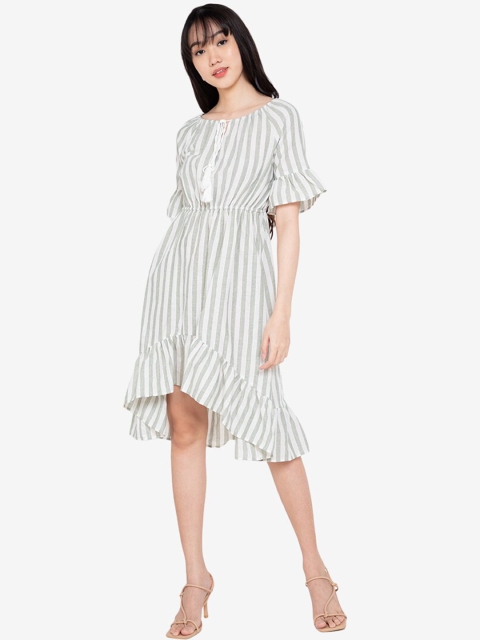 ZALORA BASICS Women Off White & Grey Striped Tassel Detail A-Line Dress