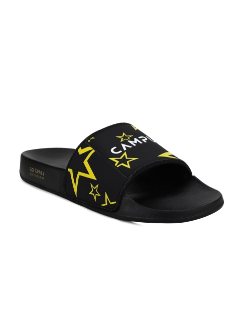 Campus Men Black & Yellow Printed Sliders