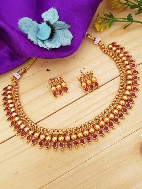 GRIIHAM Gold-Plated Red AD-Studded Jewellery Set