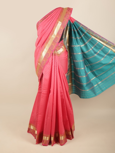 Pothys Women Coral & Blue Woven Design Zari Art Silk Saree
