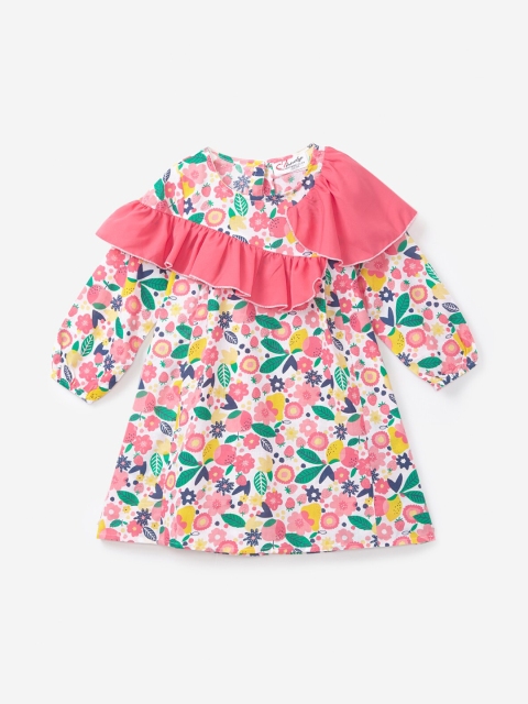 Hopscotch White & Peach-Coloured Floral A-Line Dress