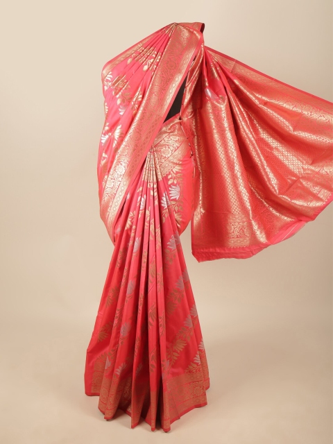 Pothys Coral & Gold-Toned Floral Zari Art Silk Saree