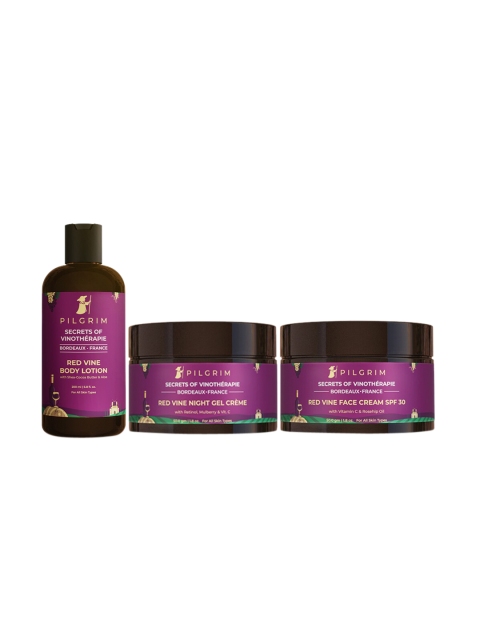 Pilgrim Set of Secrets of Vinotherapie Red Vine Body Lotion-Face Cream & Night Gel Cream, Purple
Pilgrim Set of Secrets of Vinotherapie Red Vine Body Lotion-Face Cream & Night Gel Cream, Purple