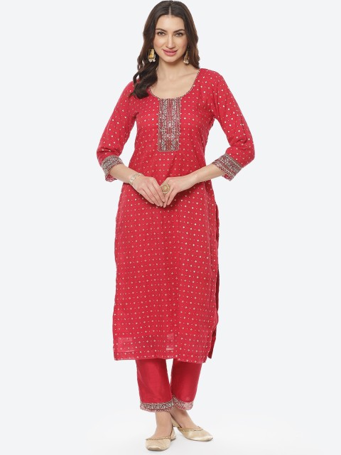 Meena Bazaar Women Pink & Gold-Toned Floral Gotta Patti Pure Cotton Kurta With Trousers
Meena Bazaar Women Pink & Gold-Toned Floral Gotta Patti Pure Cotton Kurta With Trousers