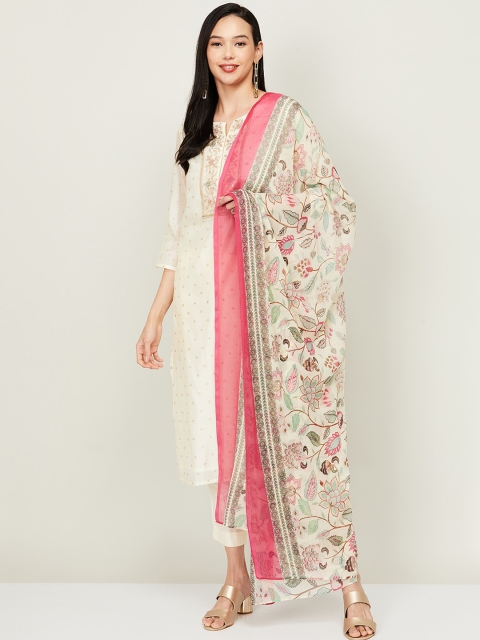 Melange by Lifestyle Women Off White Chanderi Silk Kurta with Trousers & With Dupatta
Melange by Lifestyle Women Off White Chanderi Silk Kurta with Trousers & With Dupatta