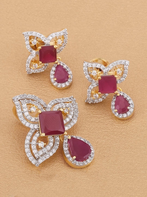 Tistabene White & Red Gold Plated Floral Stones Pendant Set